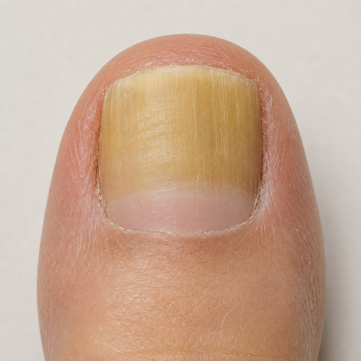 Big toenail at month three with healthier-looking nail beginning to grow from the base