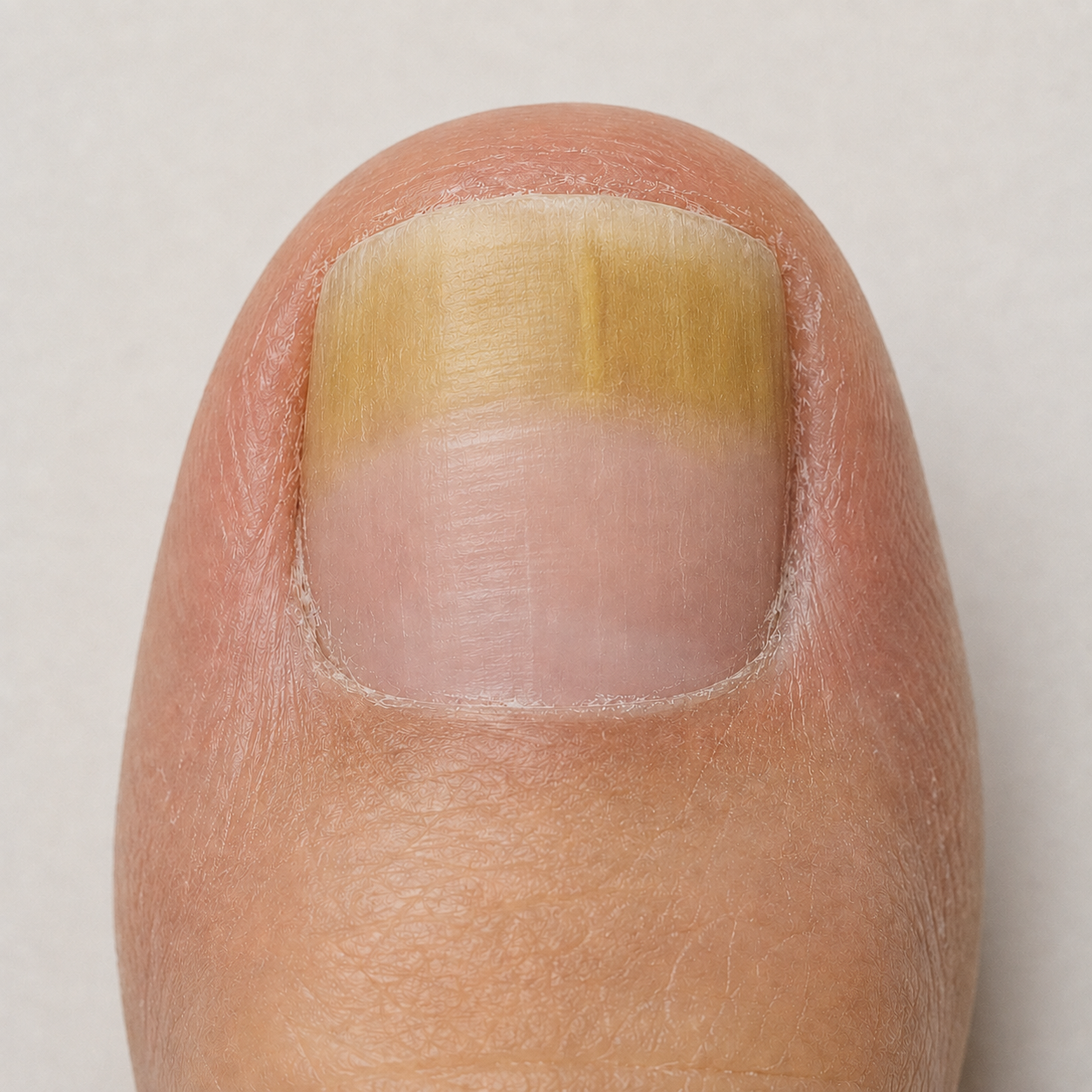 Big toenail at month six with healthier-looking growth covering much of the nail