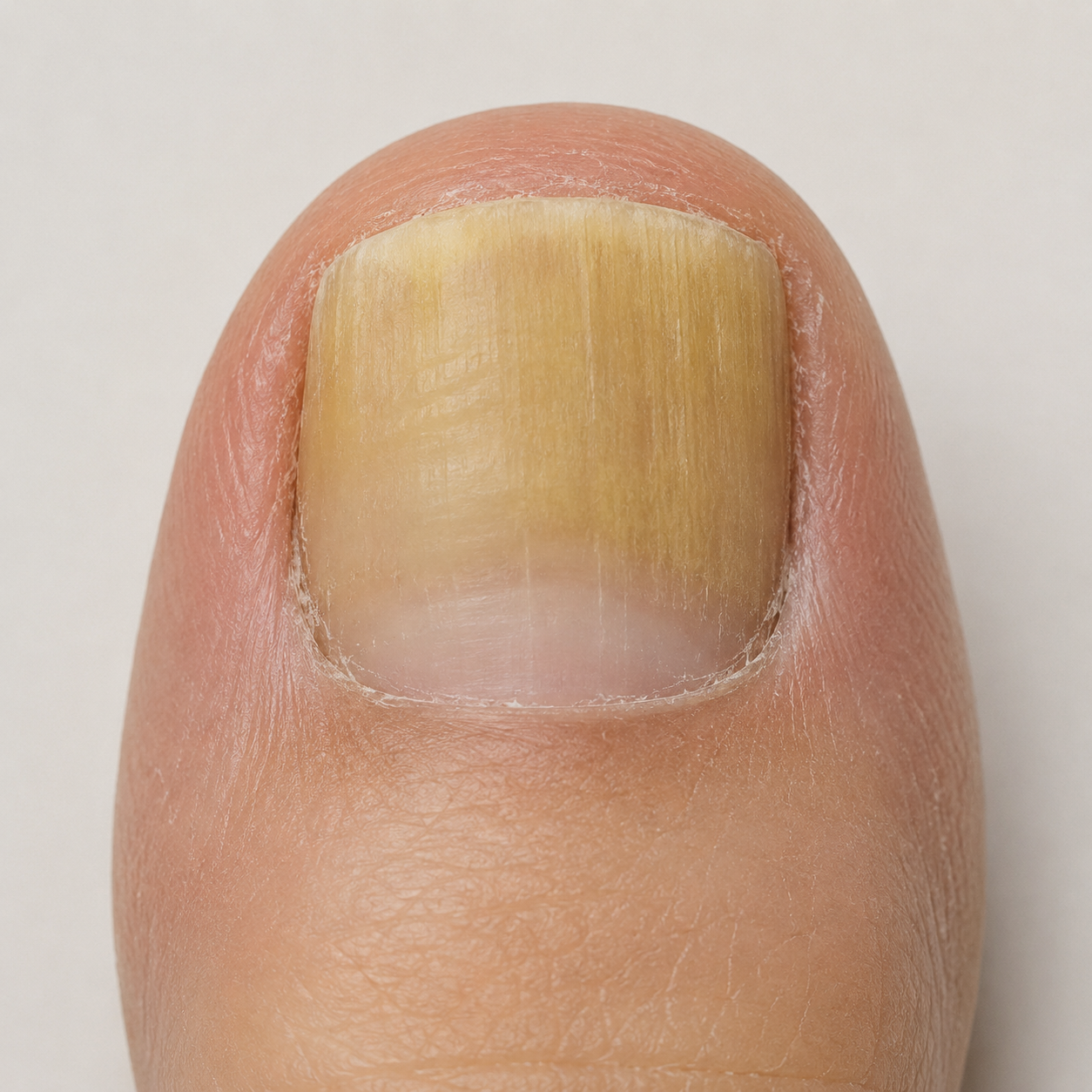 Big toenail at the beginning of the routine with yellow discoloration and a small clearer area near the base